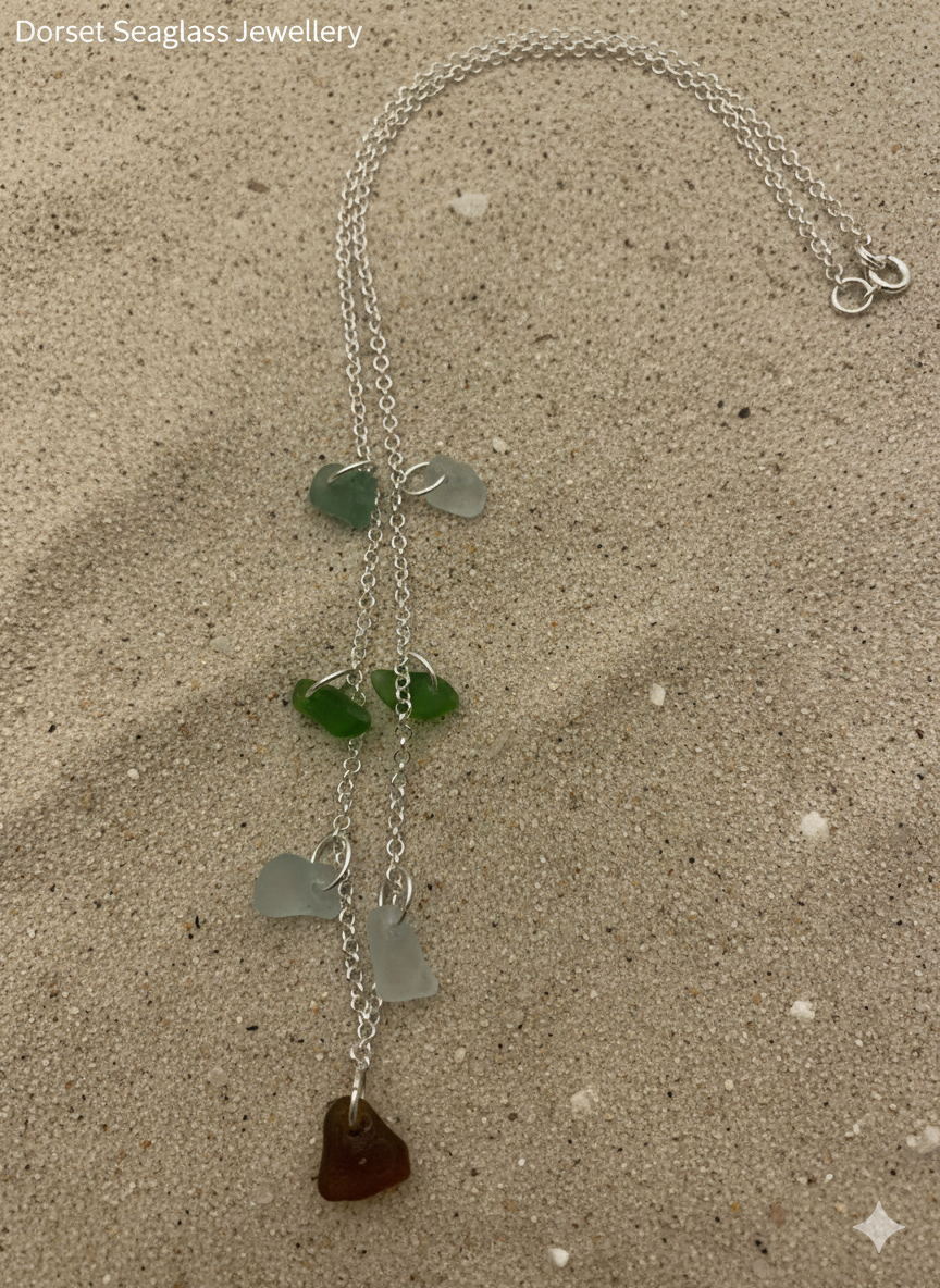 Recycled 925 sterling silver necklace with multi sea glass pieces