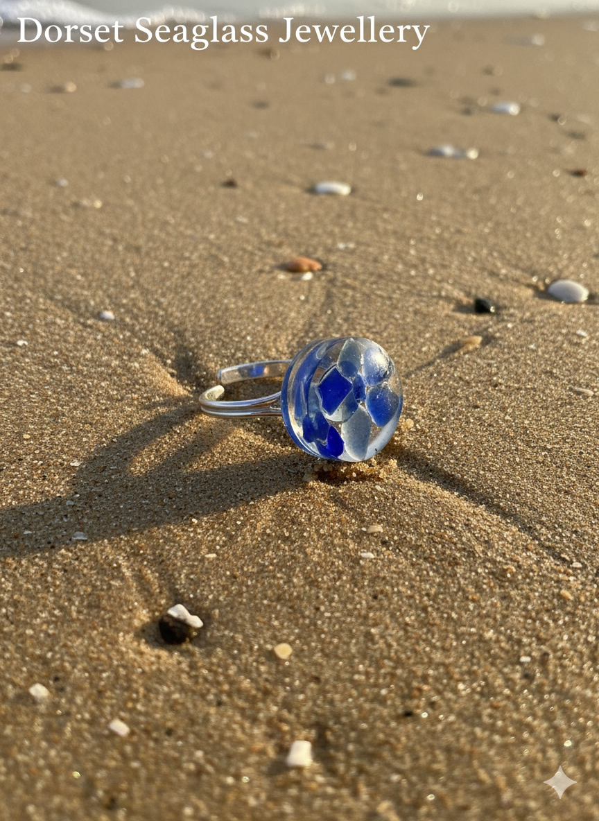 925 Recycled sterling silver blue domed round seaglass adjustable ring