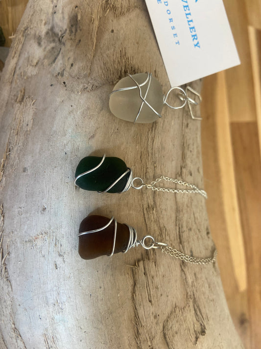 Decorative wire wrapped seaglass with silver plated chain