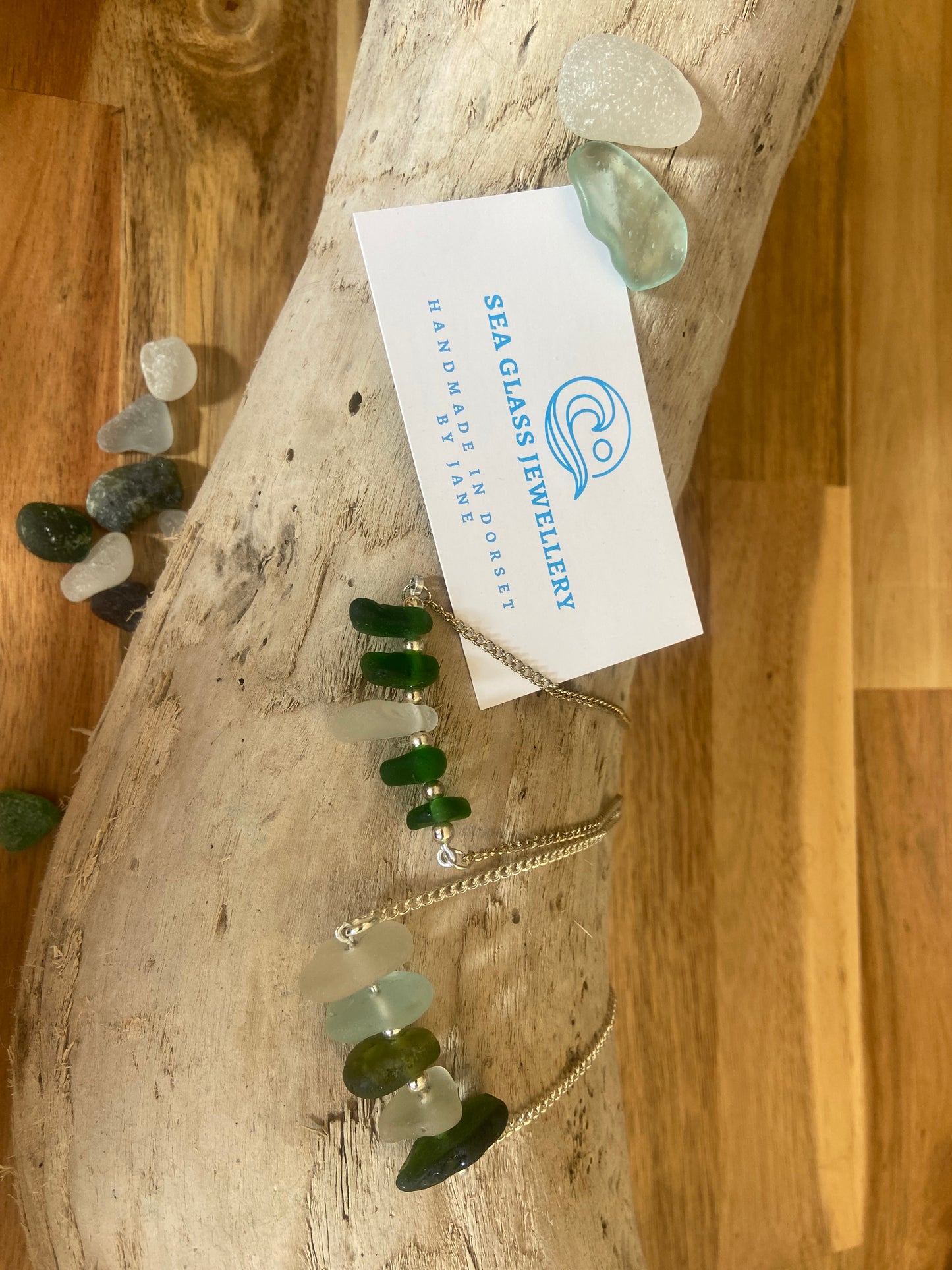 Multi chunk seaglass bar with silver plated chain