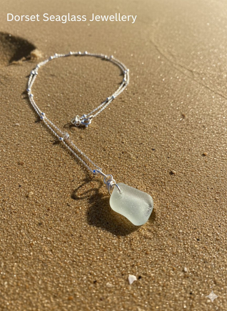 925 Recycled sterling silver light blue wrapped seaglass necklace