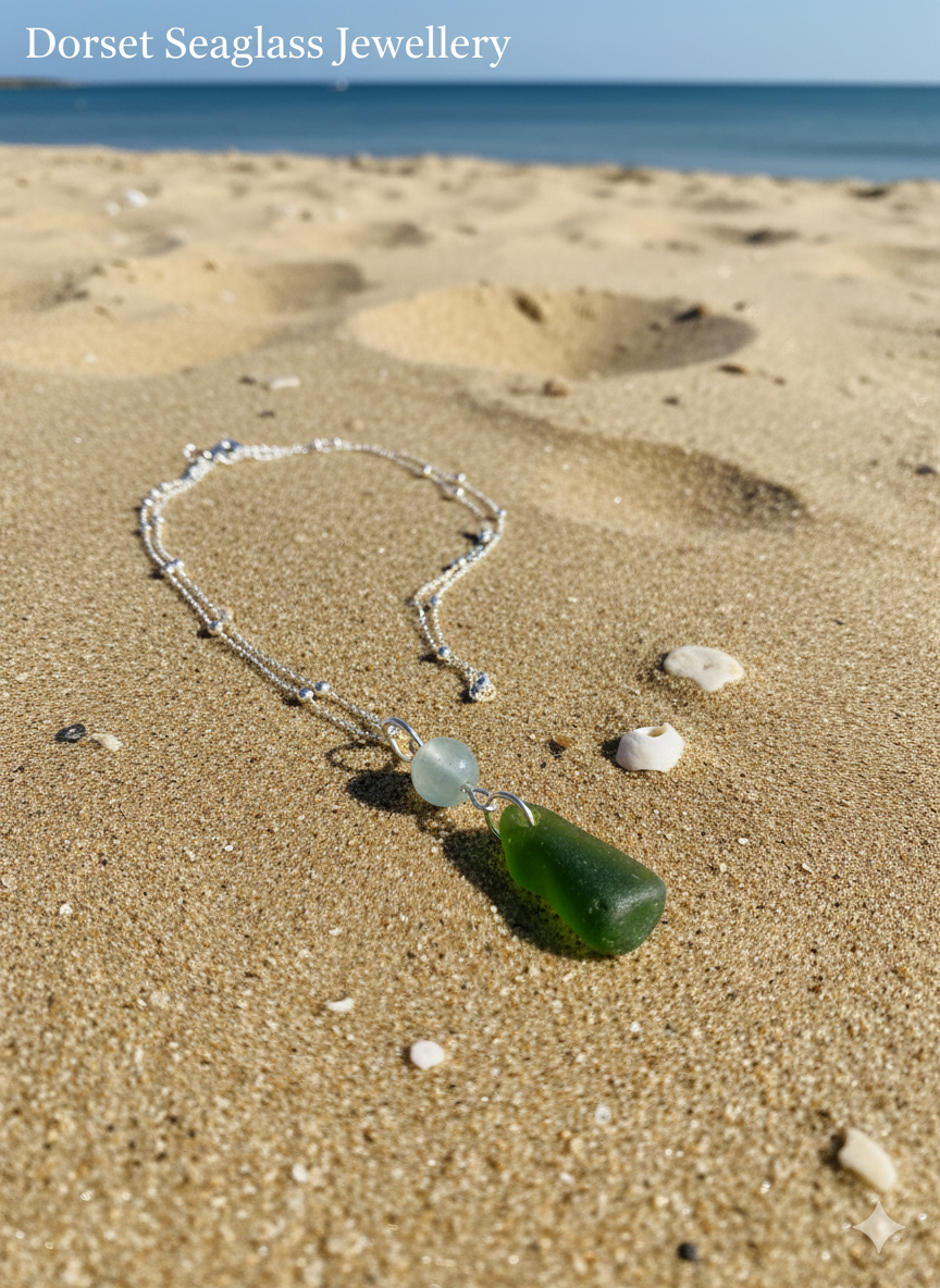 925 Recycled sterling silver green seaglass and fluorite necklace