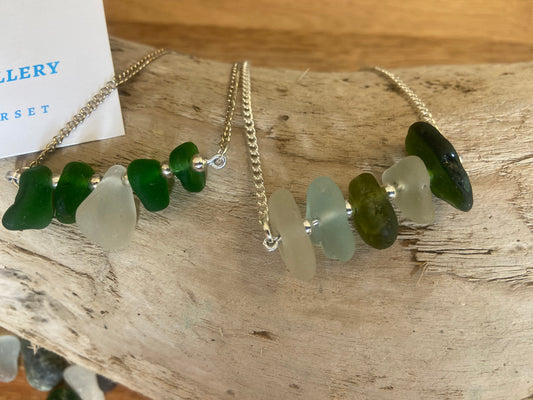 Multi chunk seaglass bar with silver plated chain