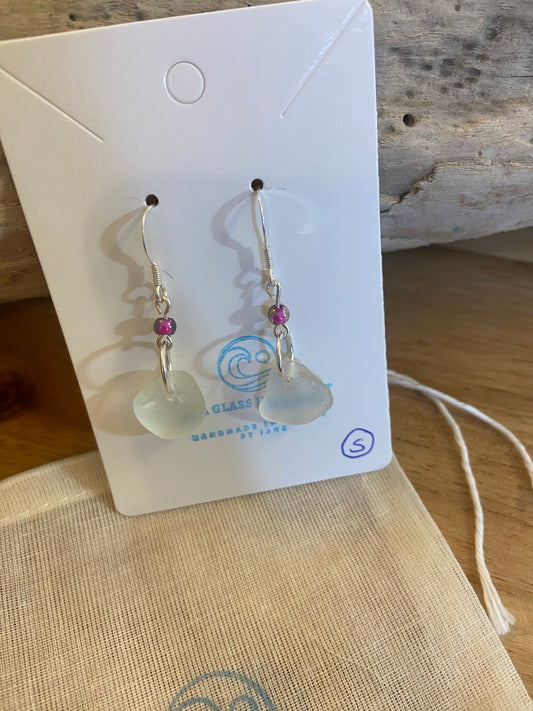 925 Sterling Silver drop earrings with bead accent and white sea glass