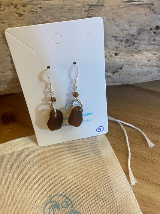 925 Sterling Silver drop sea glass earrings with gold bead accent
