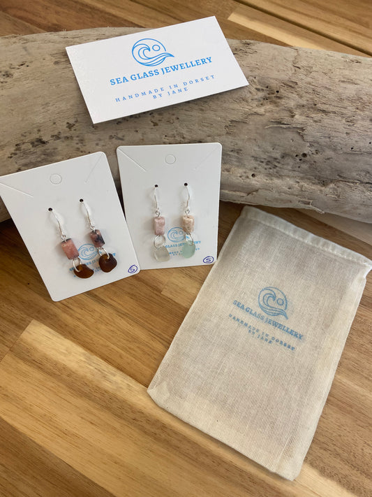 925 Sterling silver drop sea glass earrings with pink marble effect bead