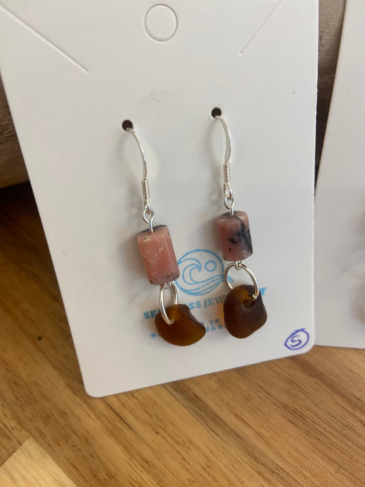 925 Sterling silver drop sea glass earrings with pink marble effect bead