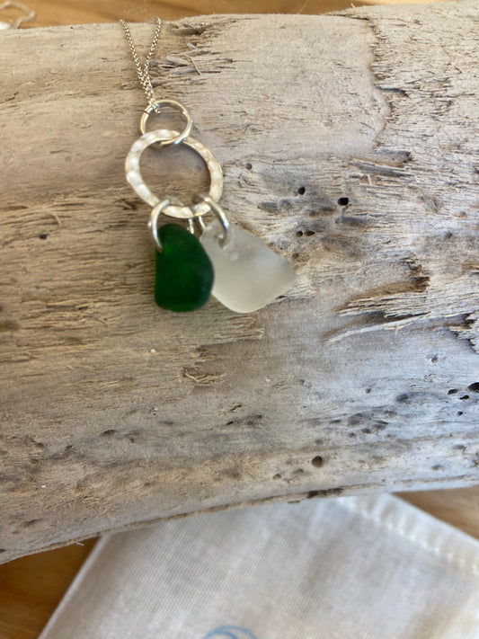 925 Sterling silver necklace with hammered ring and 2 x sea glass pieces
