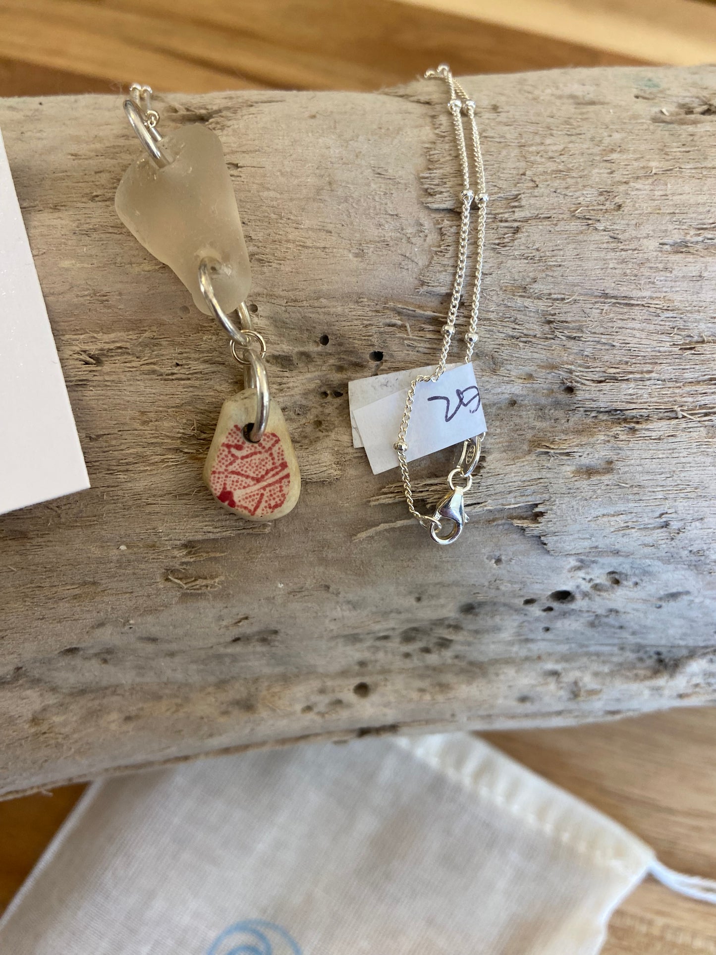 925 Sterling silver necklace sea glass and pottery fragment