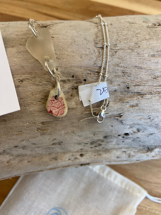 925 Sterling silver necklace sea glass and pottery fragment