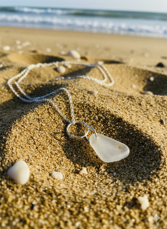 925 Recycled sterling silver clear seaglass necklace with orange dot