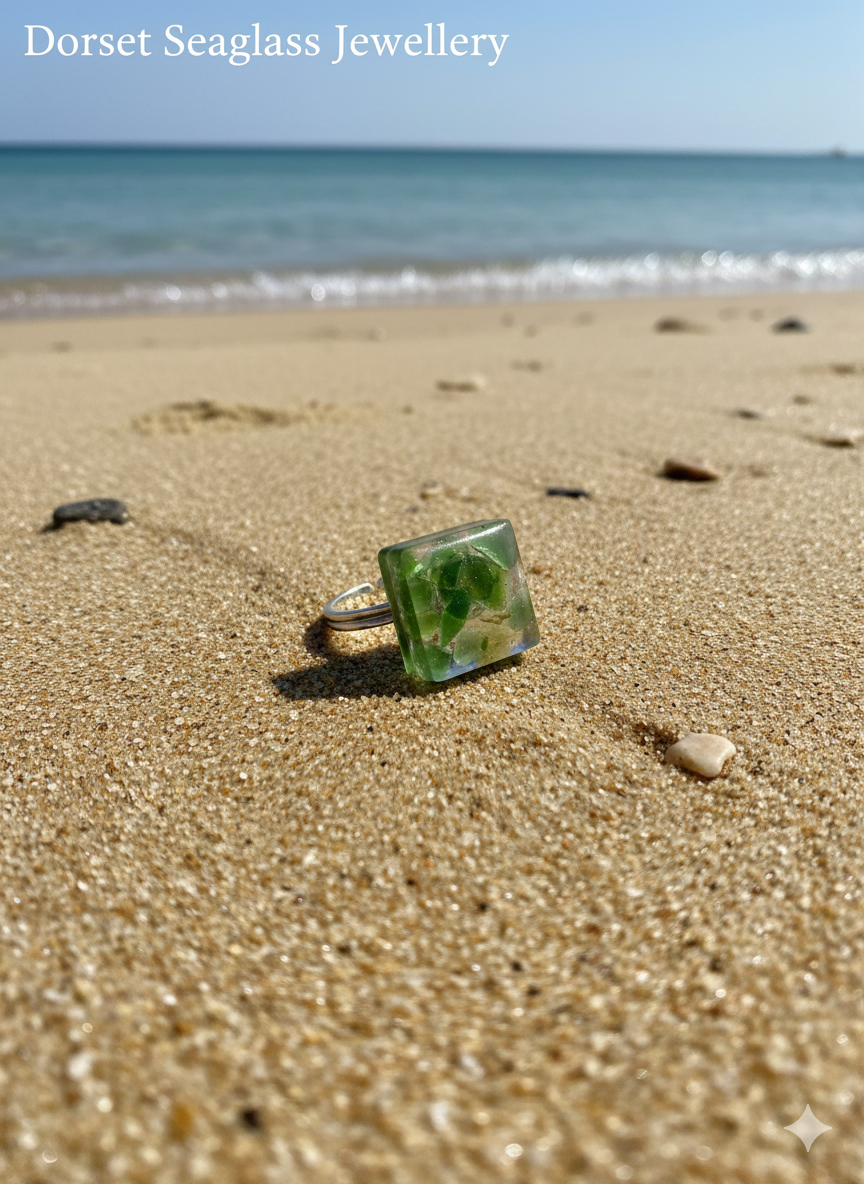 925 Recycled sterling silver green square seaglass adjustable ring