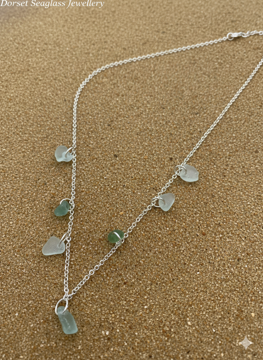 Recycled 925 sterling silver necklace with multi sea glass pieces