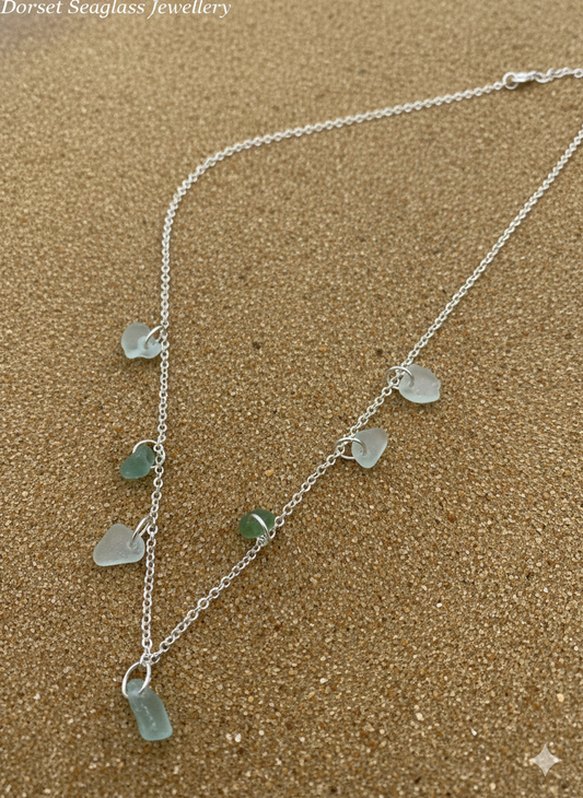 Recycled 925 sterling silver necklace with multi sea glass pieces