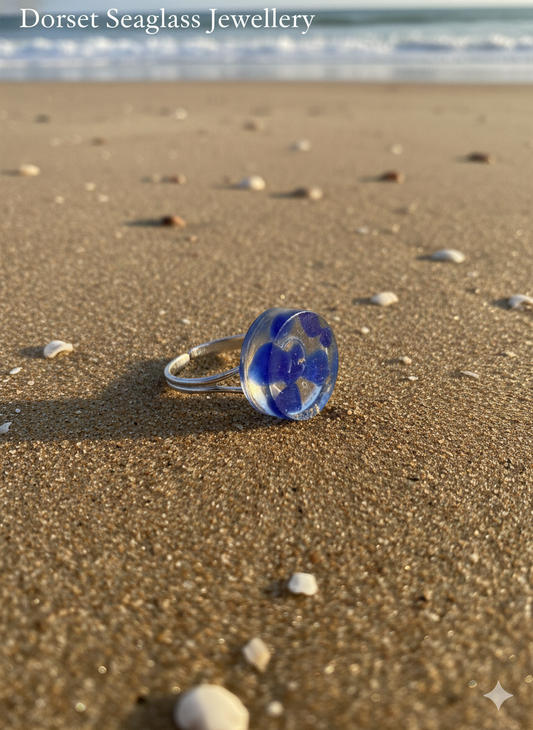 925 Recycled sterling silver blue round seaglass adjustable ring