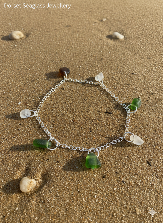 Recycled 925 sterling silver bracelet with multi sea glass pieces