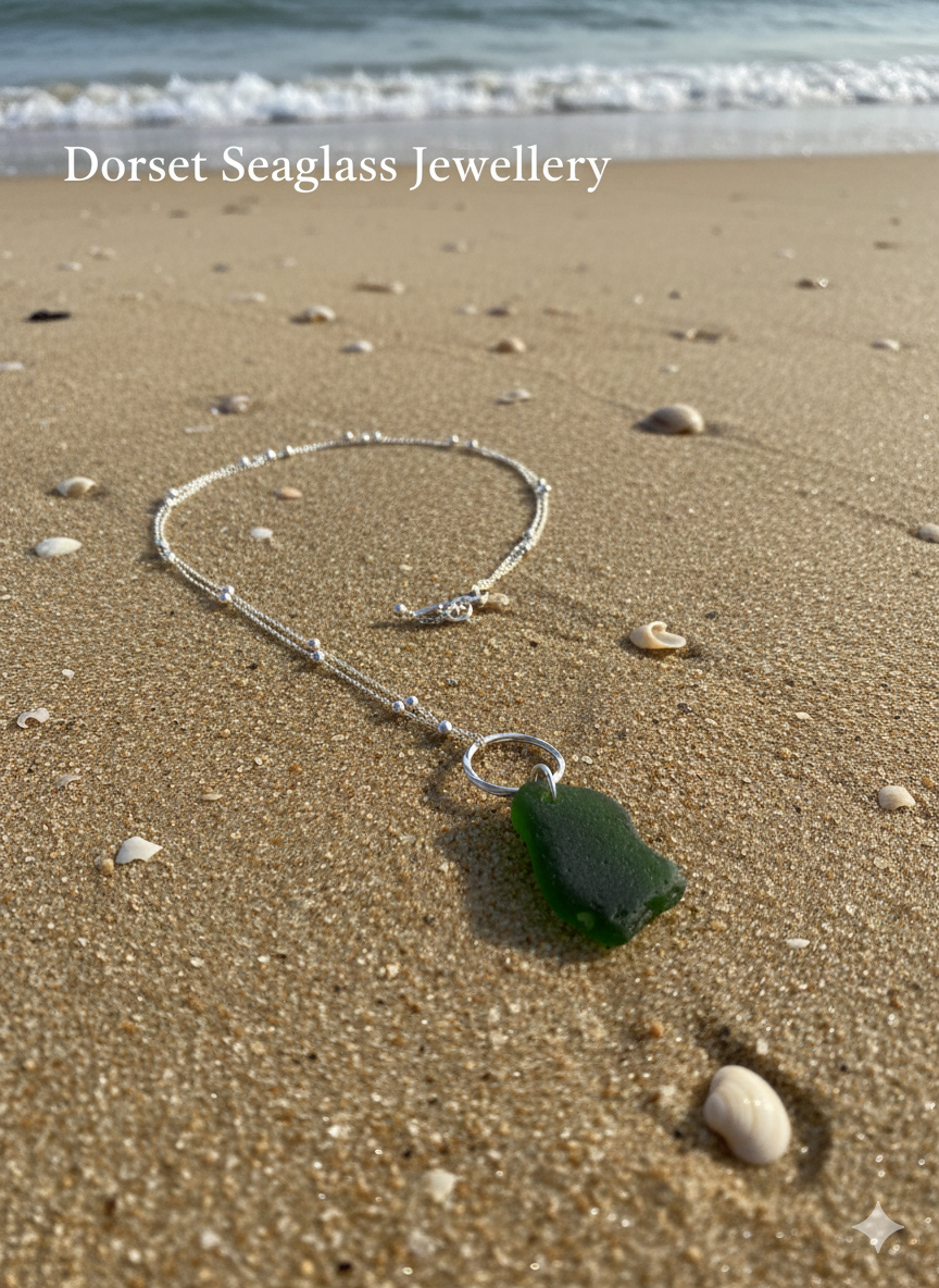 925 Recycled sterling silver green seaglass on twisted ring necklace