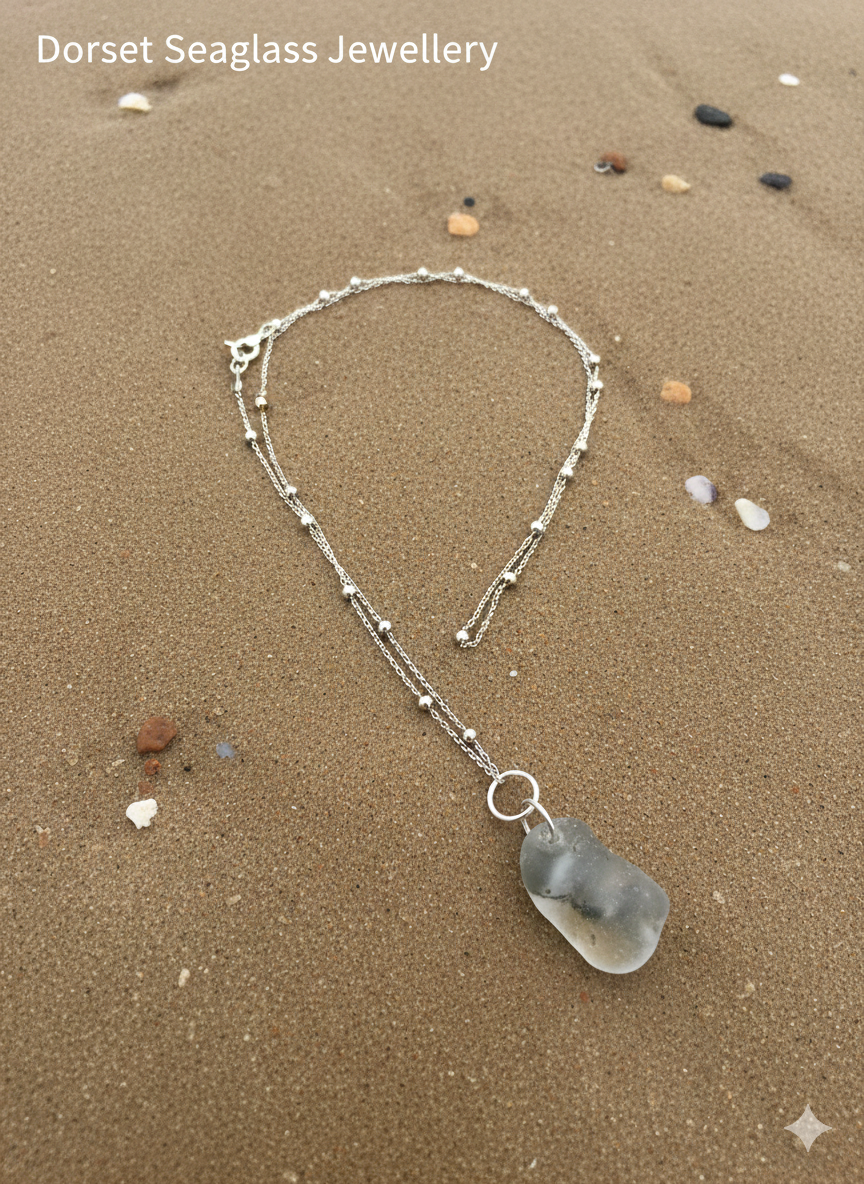 925 Recycled sterling silver clear with black inclusions seaglass necklace