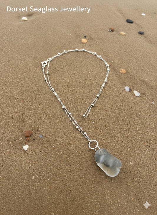 925 Recycled sterling silver clear with black inclusions seaglass necklace