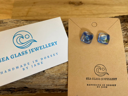 925 Sterling Silver blue resin square earrings