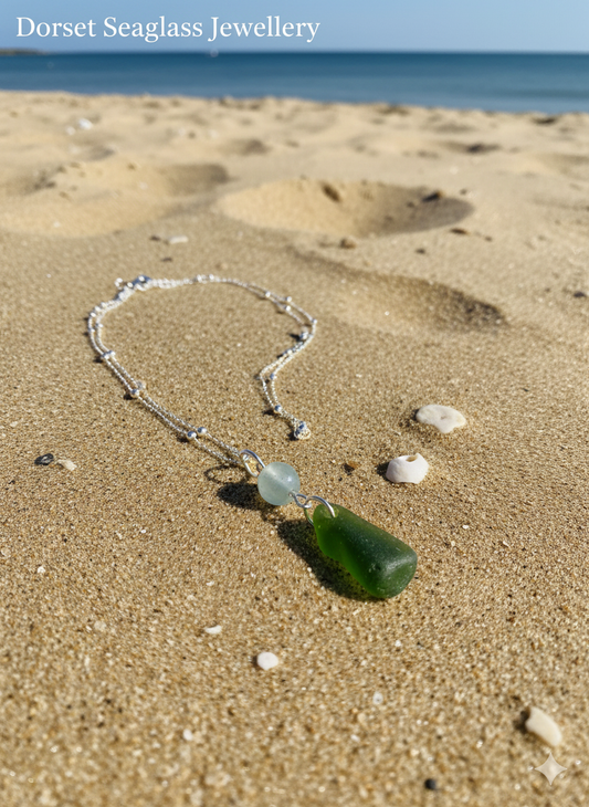 925 Recycled sterling silver green seaglass and fluorite necklace