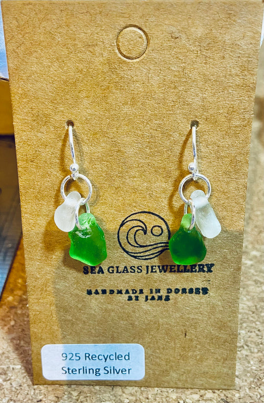 925 Sterling Silver white and green sea glass earrings