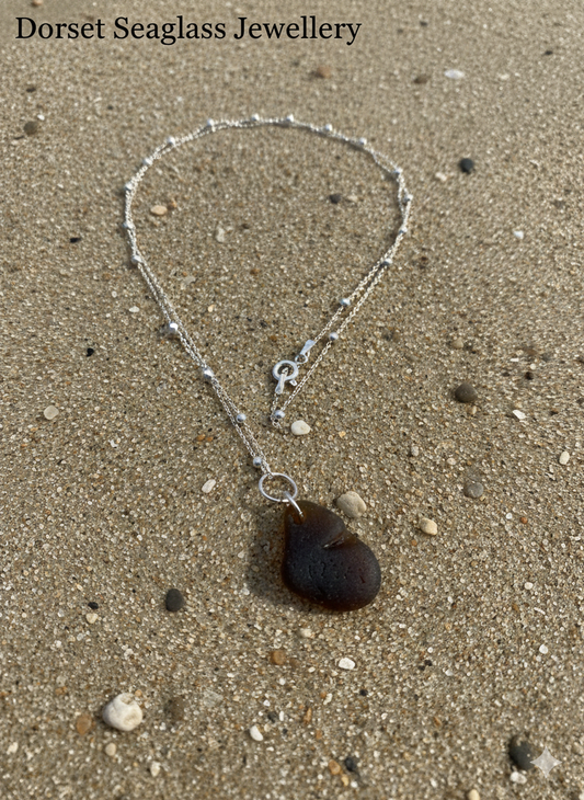 925 Recycled sterling silver amber coloured seaglass necklace