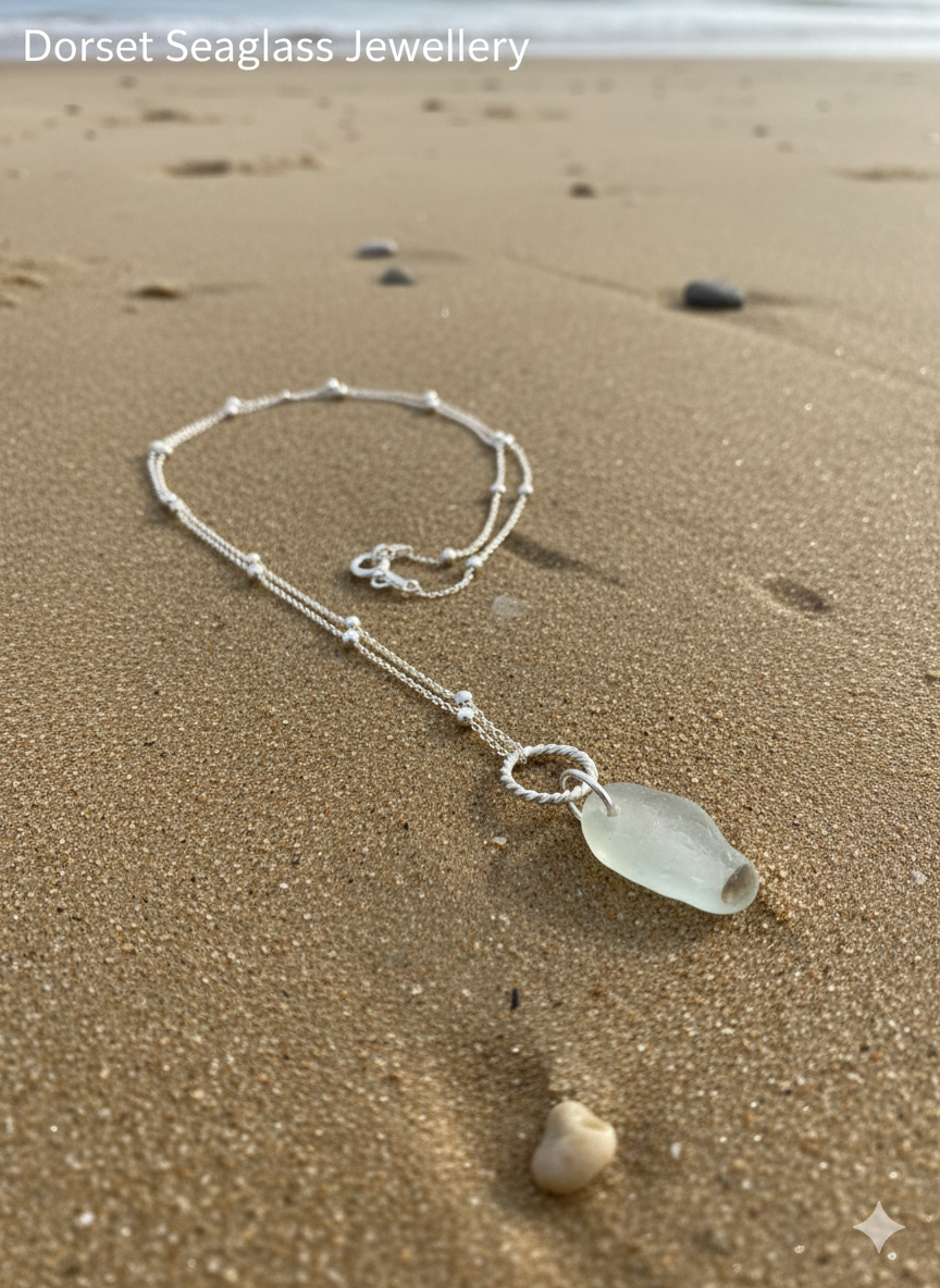 925 Recycled sterling silver light blue on twisted ring seaglass necklace