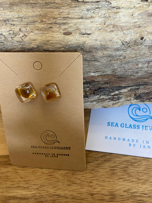 925 Sterling Silver square brown sea glass resin earrings