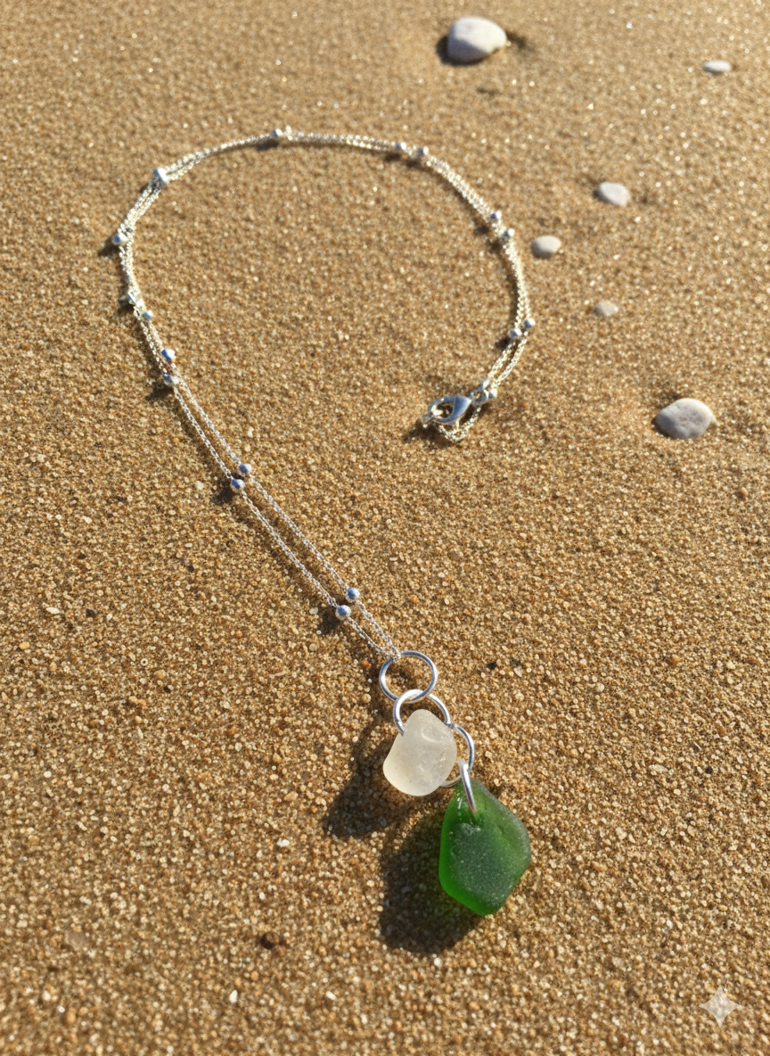 925 Recycled sterling silver green and clear multi seaglass necklace