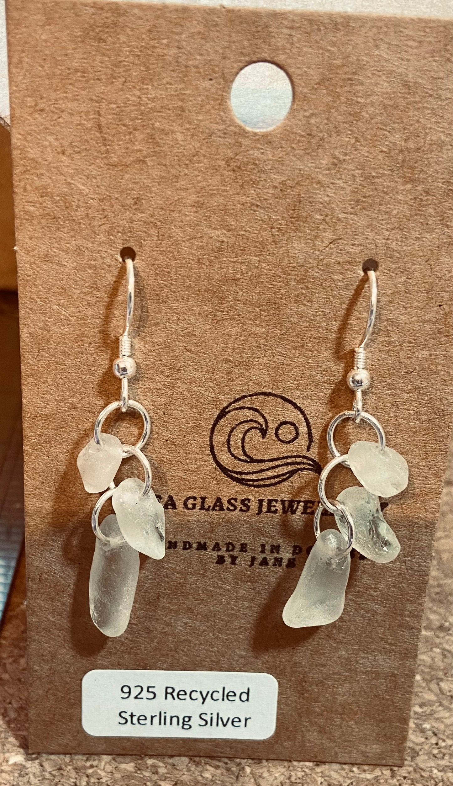 925 Sterling Silver icicle clear sea glass earrings