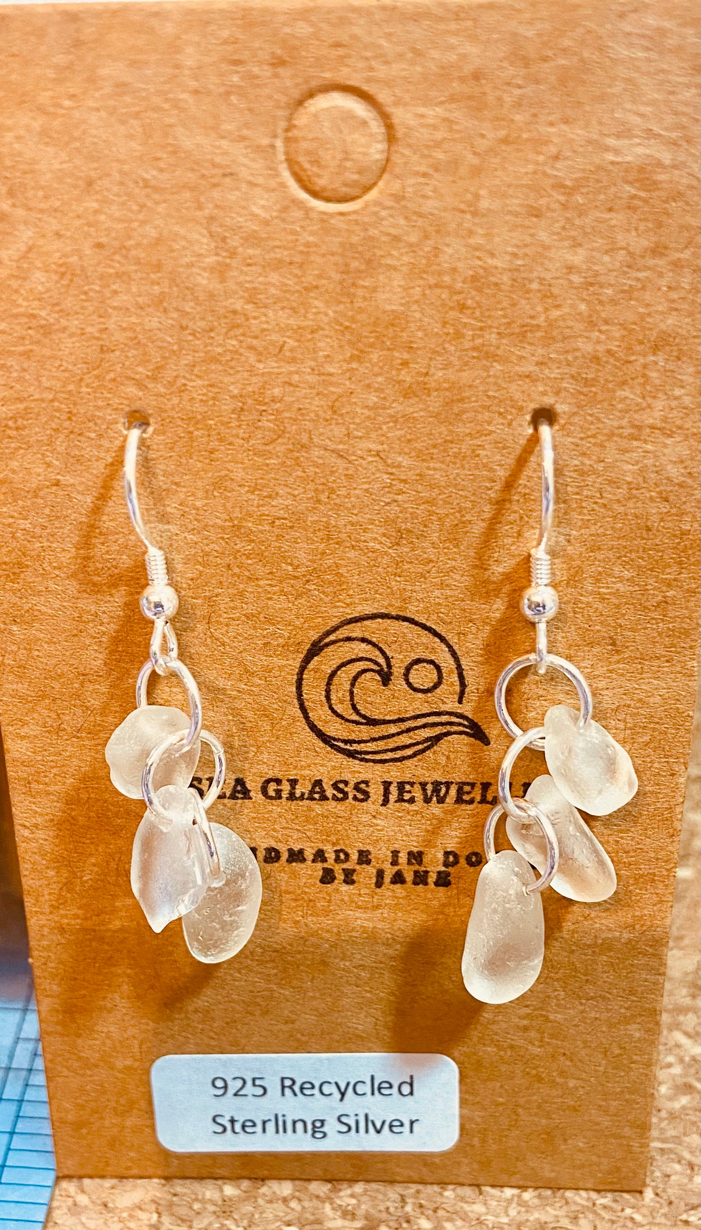 925 Sterling Silver icicle clear sea glass earrings